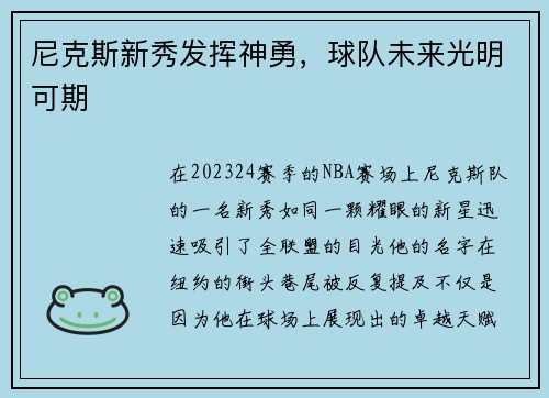尼克斯新秀发挥神勇，球队未来光明可期