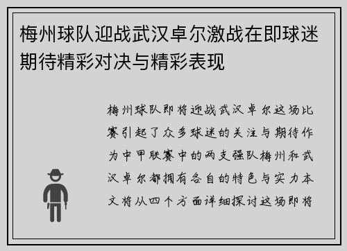 梅州球队迎战武汉卓尔激战在即球迷期待精彩对决与精彩表现