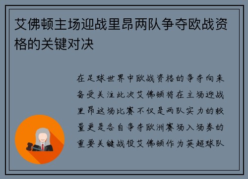 艾佛顿主场迎战里昂两队争夺欧战资格的关键对决